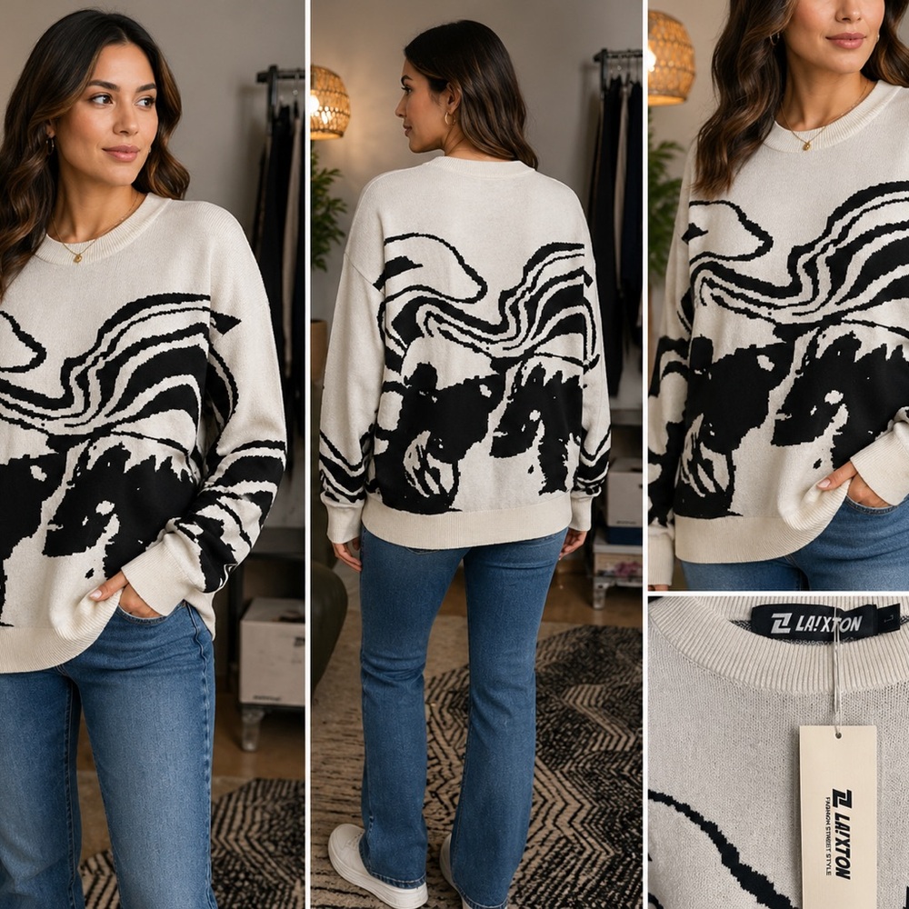 LAIXTON Womens Knit Sweater Size L Black Cream Abstract Oversized NWT